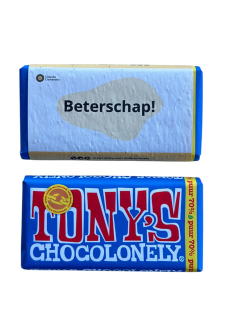 Tony's Chocolonely reep met wikkel van groeipapier