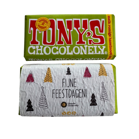 Tony's Chocolonely reep met Kerst wikkel van groeipapier